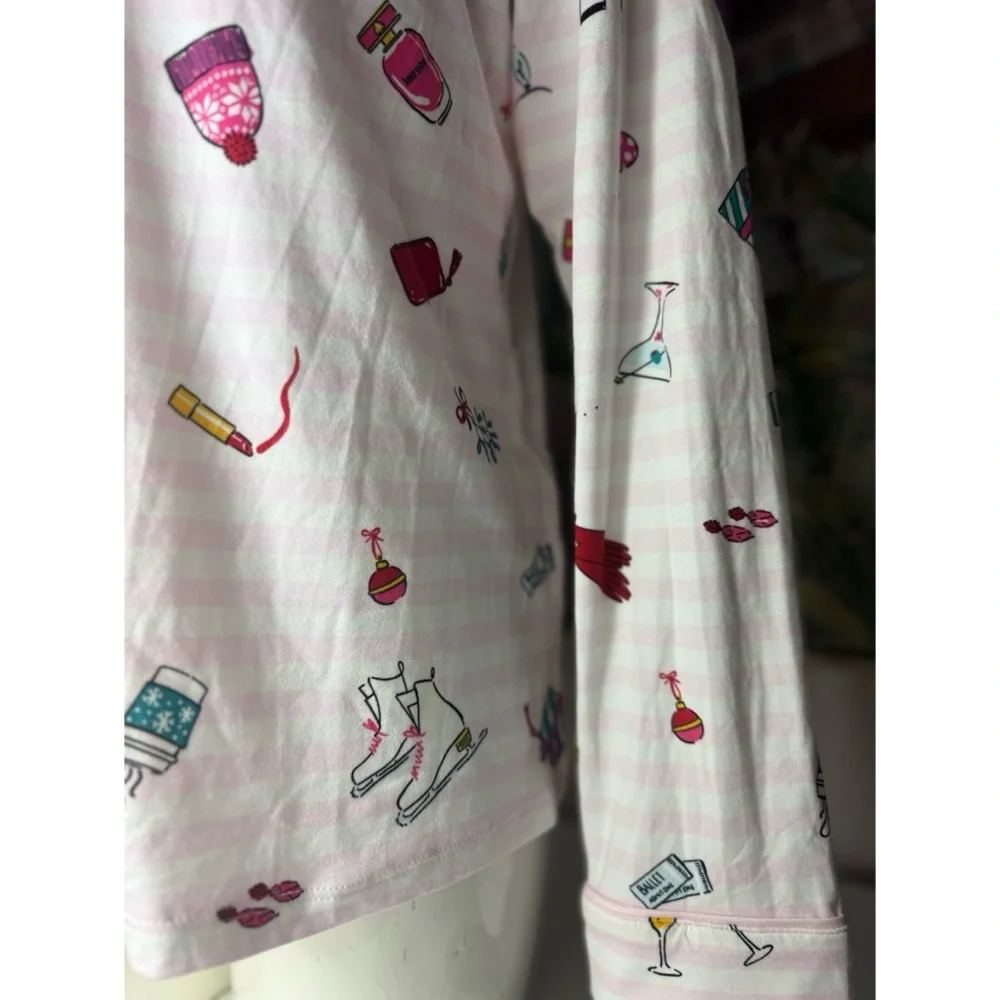 Kate Spade Holiday Cheer Pink White Stripe Button Front PJ Top Size Small
